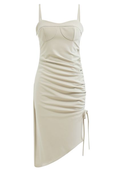 Ruched Drawstring Slit Hem Cami Dress in Sand