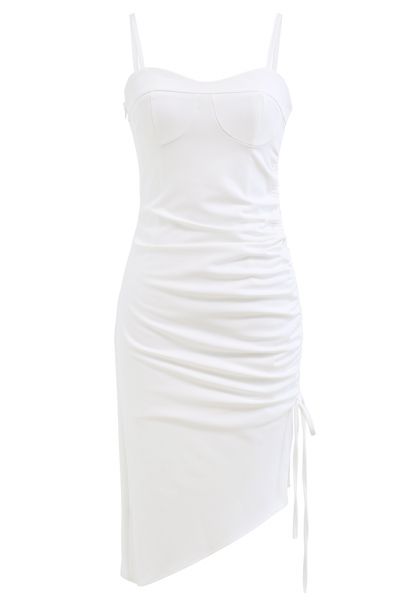 Ruched Drawstring Slit Hem Cami Dress in White