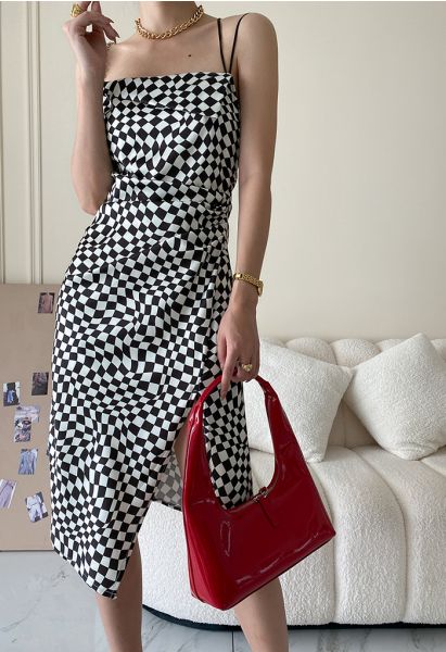 Checkerboard Print Split Cami Dress