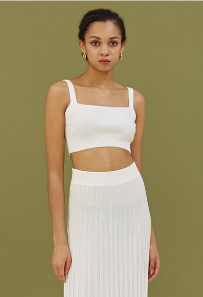 Ultra-Soft Ribbed Cami Knit Cropped Top in White