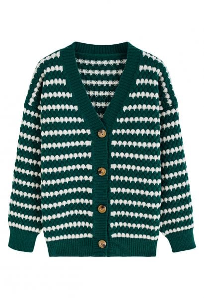 Button Down Striped Embossed Knit Cardigan in Green