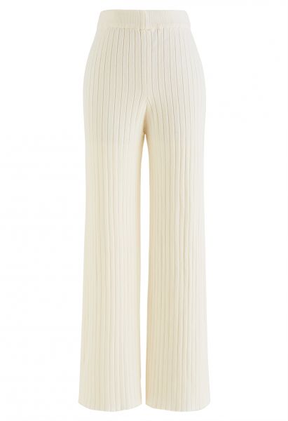 Ribbed Straight Leg Knit Pants in Cream