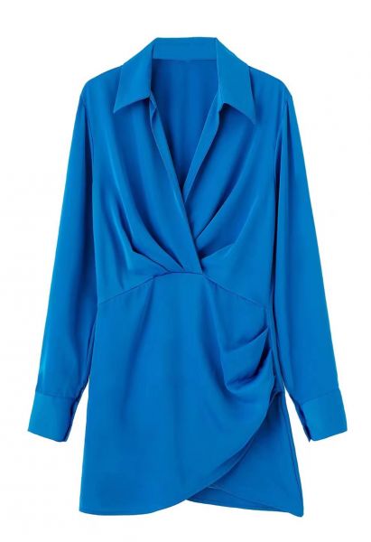 V-Neck Ruched Front Satin Shirt Dress in Indigo