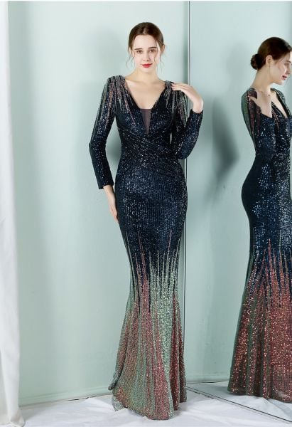 Full Sequin Two-Tone Crisscross Gown in Navy