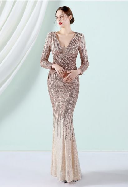 Full Sequin Two-Tone Crisscross Gown in Gold