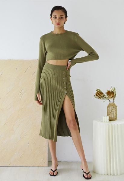 Knitted Crop Top and Buttoned Slit Skirt Set in Olive