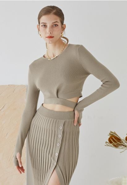 Self-Tie Bowknot Knit Crop Top in Taupe