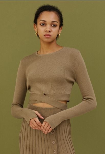 Self-Tie Bowknot Knit Crop Top in Tan