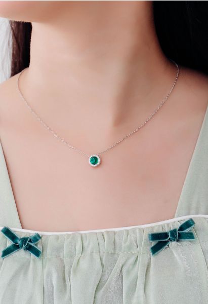 Halo Emerald Gem Diamond Necklace