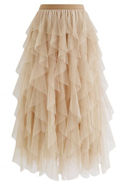 Exquisite Tiered Ruffle Mesh Tulle Skirt in Red