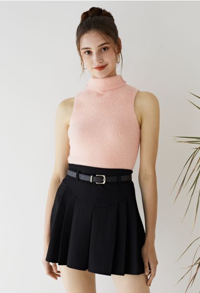 Seam Detailing Belted Pleated Mini Skirt in Black