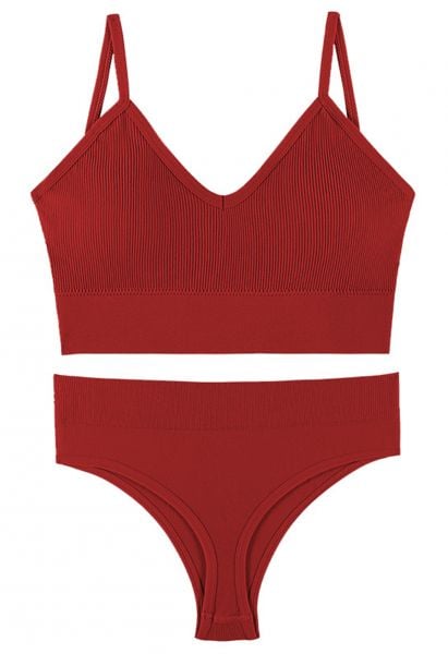 Plain Ribbed Lingerie Bra Top and Thong Set in Red