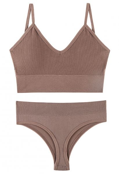 Plain Ribbed Lingerie Bra Top and Thong Set in Taupe