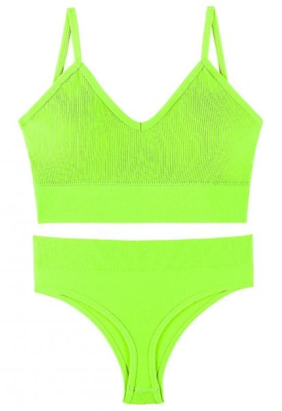 Plain Ribbed Lingerie Bra Top and Thong Set in Neon Green