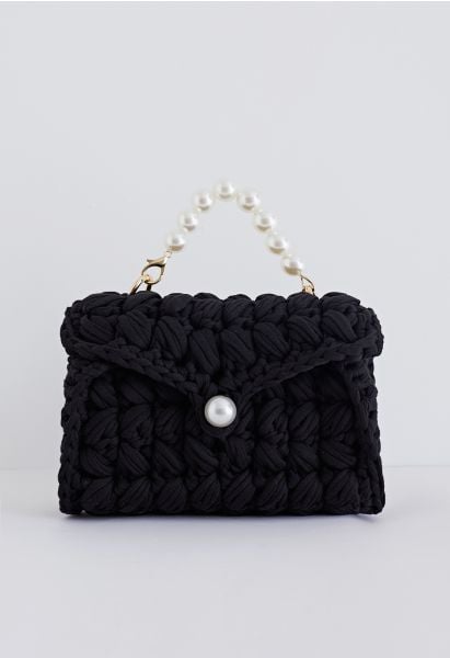 Pearl Chain Braided Chunky Knit Mini Bag in Black