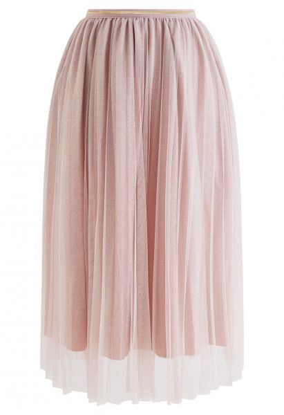 Glimmering Pleated Mesh Midi Skirt in Pink