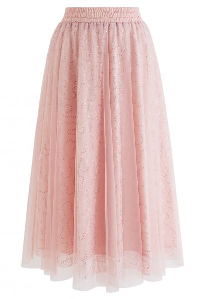 Sequined Floral Lace Mesh Tulle Skirt in Pink