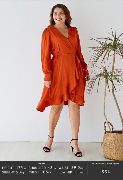 Asymmetric Ruffle Hem Wrap Satin Dress in Orange