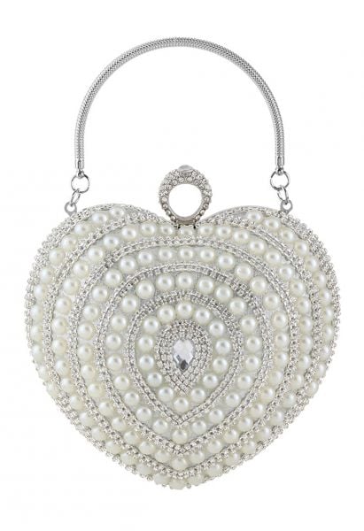 Heart Shape Pearl Decor Clutch in Silver