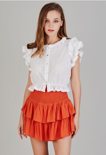 Tiered Ruffle Shirred Waist Mini Skirt in Orange