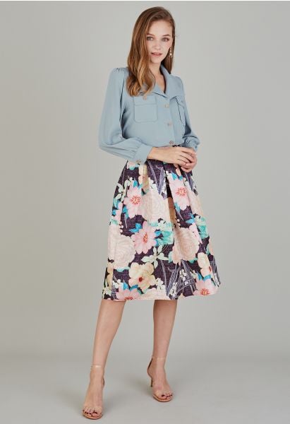 Lustrous Metallic Floral Printed Midi Skirt