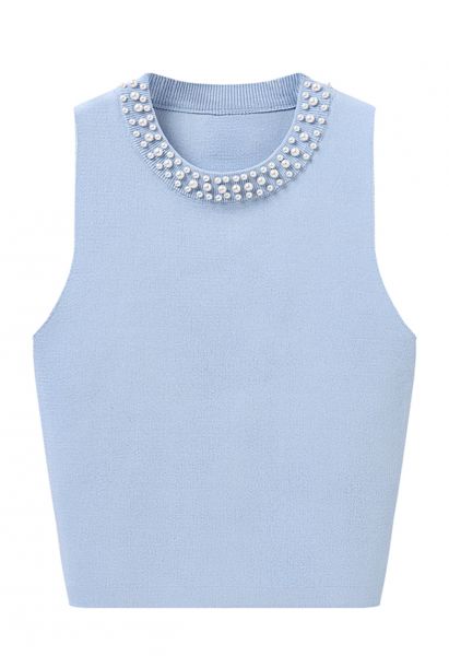 Pearly Neckline Knit Tank Top in Blue