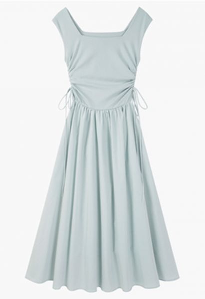 Square Neck Side Drawstring Spliced Sleeveless Dress in Baby Blue