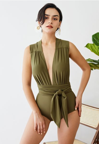 Lace-Up Deep V-Neck One-Piece Swimsuit in Army Green