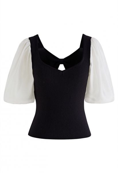 Bowknot Cutout Back Spliced Knit Top in Black