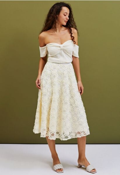 Flower Stitch Mesh Tulle Midi Skirt in Light Yellow