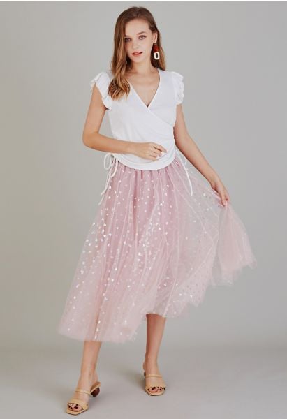 Iridescent Hearts Mesh Tulle Midi Skirt in Pink