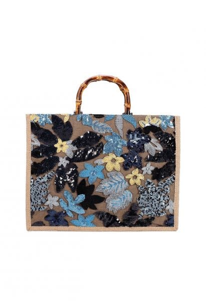 Sequin Floral Embroidered Bamboo Handle Tote Bag in Blue