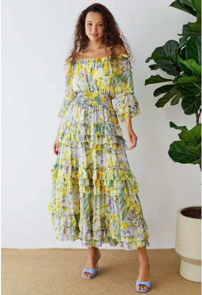 Tiered Ruffle Floral Off-Shoulder Chiffon Maxi Dress in Yellow