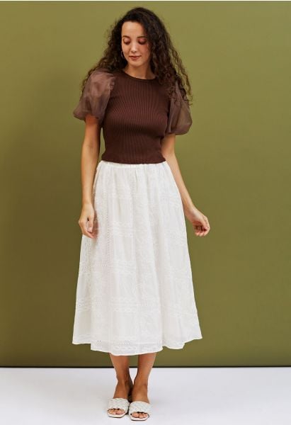 Branch Embroidery Checked Maxi Skirt in Cream