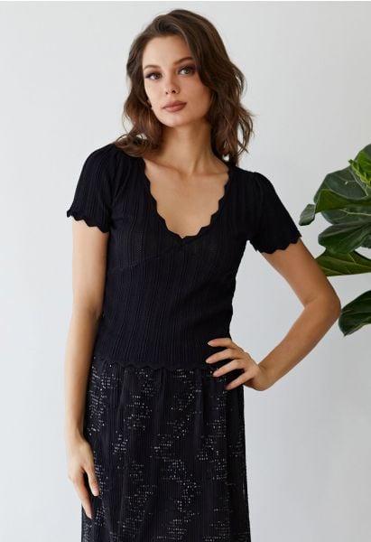 Scallop Edge Pointelle Short-Sleeve Crop Top in Black