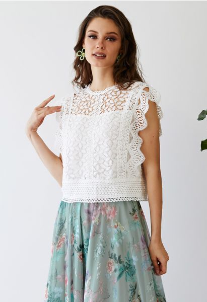 Falling Leaf Crochet Sleeveless Top in White