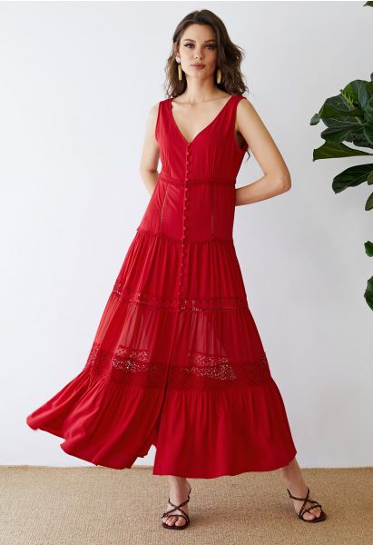 Crochet Trims Panelled Button Down Sleeveless Maxi Dress in Red