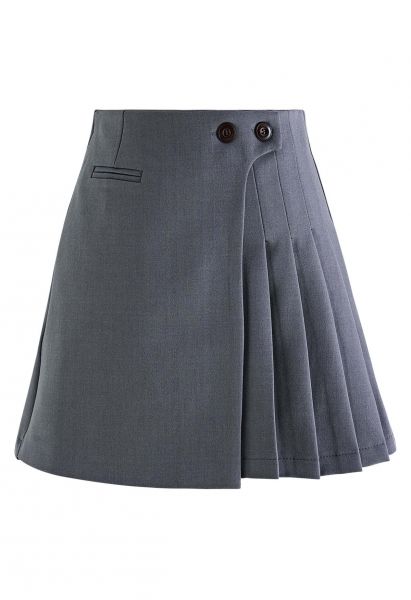 Twin Buttons Pleated Flap Mini Skirt in Grey