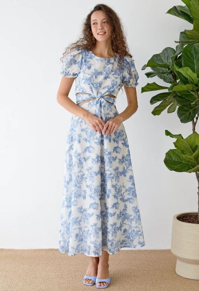 Watercolor Blue Floral Printed Cut Out Waist Maxi Dress