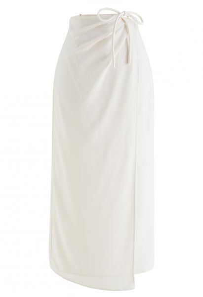 Tie Waist Asymmetric Flap Satin Midi Skirt in Ivory