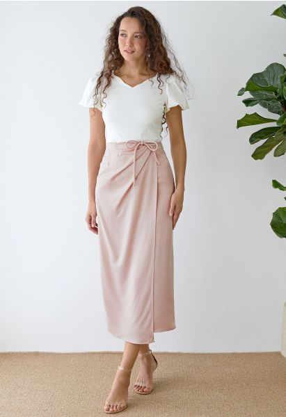 Tie Waist Asymmetric Flap Satin Midi Skirt in Light Pink