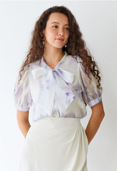 Watercolor Floral Bowknot Sheer Shirt in Lavender