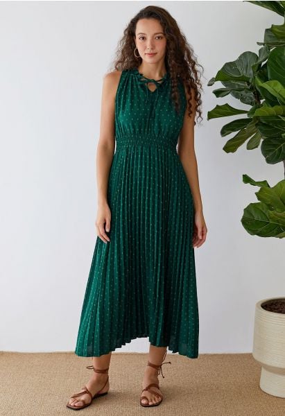 Tie-Neck Flock Dot Pleated Dress in Dark Green