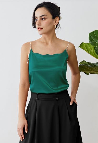 Pearly Straps Satin Cami Top in Emerald