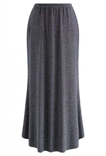 Shimmery Raw-Cut Frilling Maxi Skirt in Silver