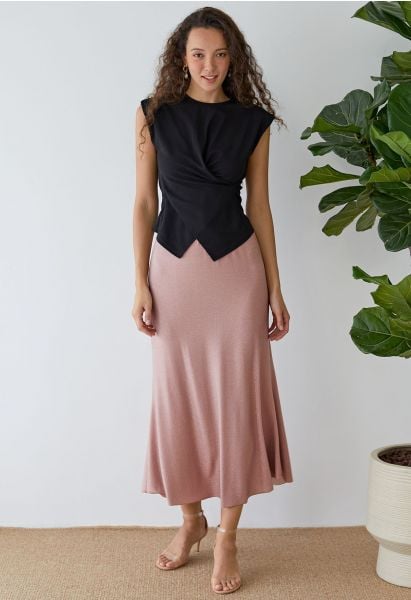 Shimmery Raw-Cut Frilling Maxi Skirt in Blush