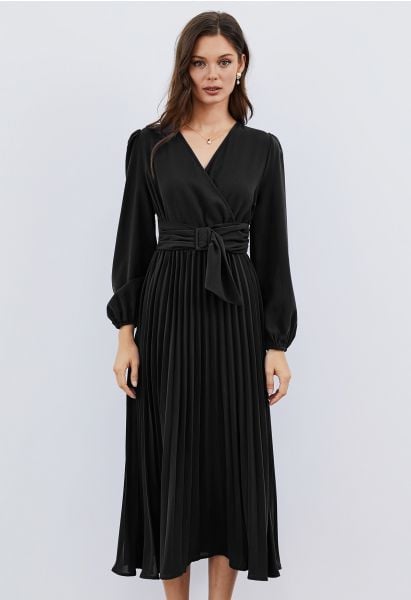 Wrap Front Buckle Belt Dress in Black