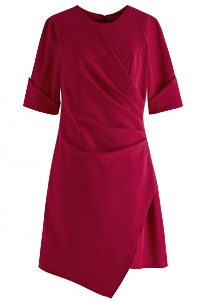 Side Pleated Wrap Asymmetric Dress in Red