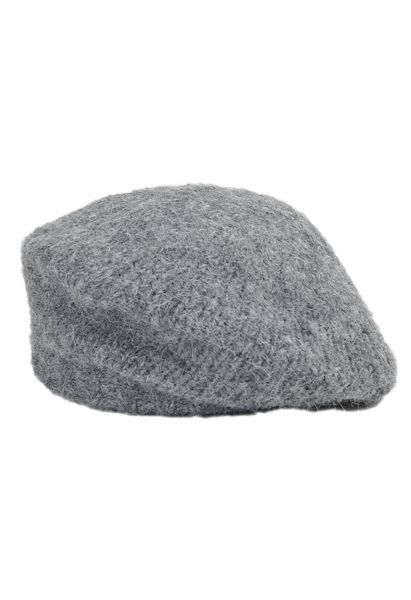 Fuzzy Wool-Blend Beret Hat in Grey