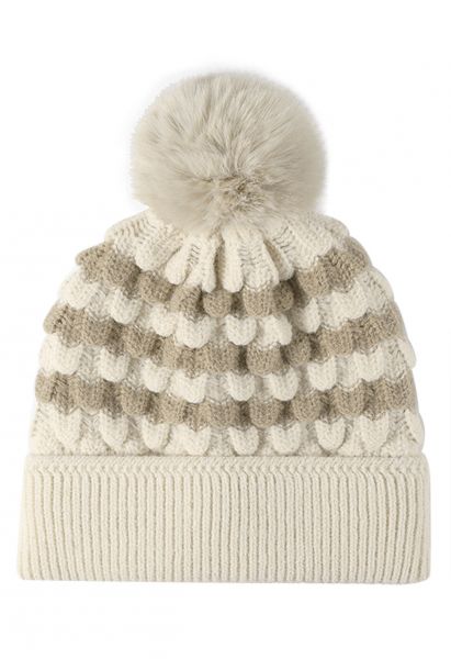 Color Block Pom-Pom Beanie Hat in Ivory